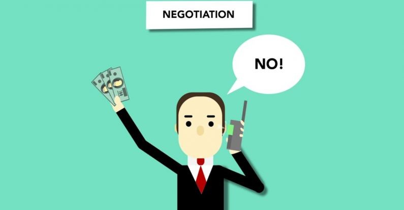 Wealth Manager - Concept illustration of man with money saying no to offer during business negations on phone